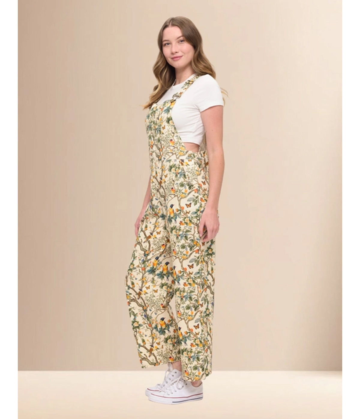 Cream Floral Bird Print Wide Leg Overalls