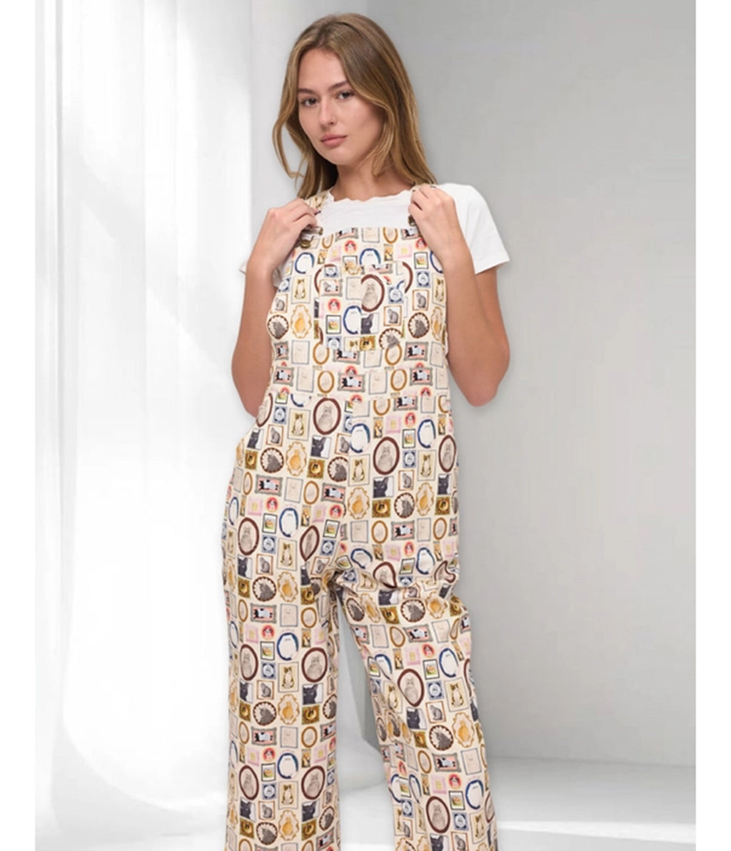Cream Vintage Postcard Cats Print Wide Leg Overalls
