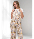 Cream Vintage Postcard Cats Print Wide Leg Overalls