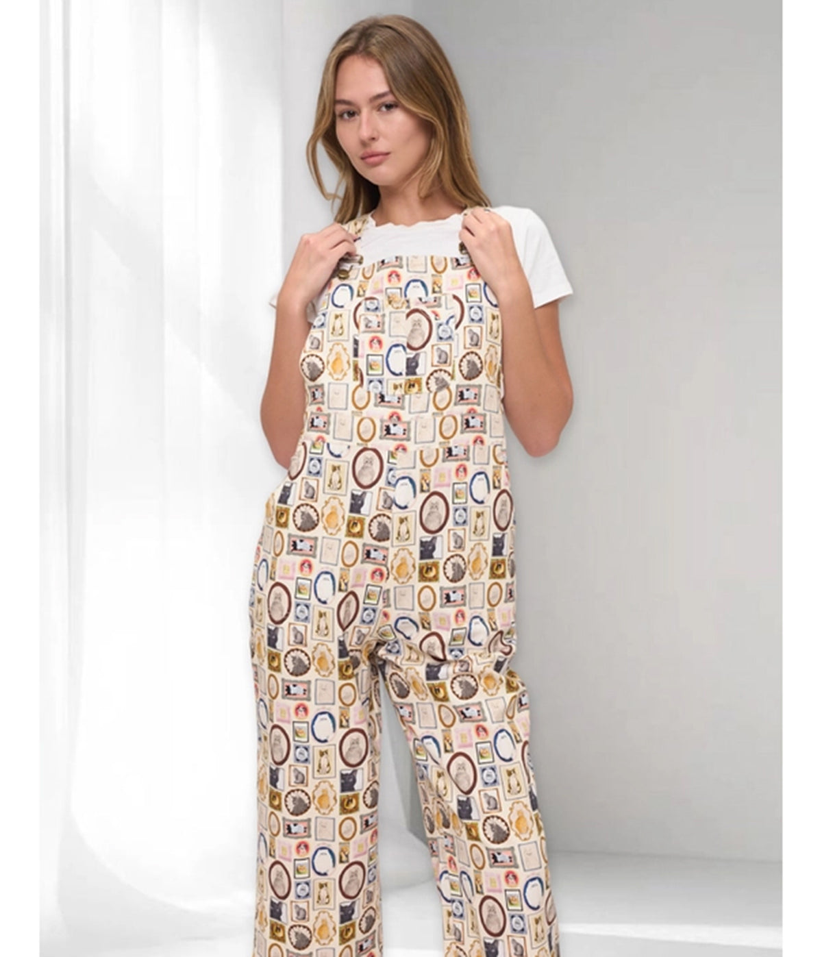 Cream Vintage Postcard Cats Print Wide Leg Overalls