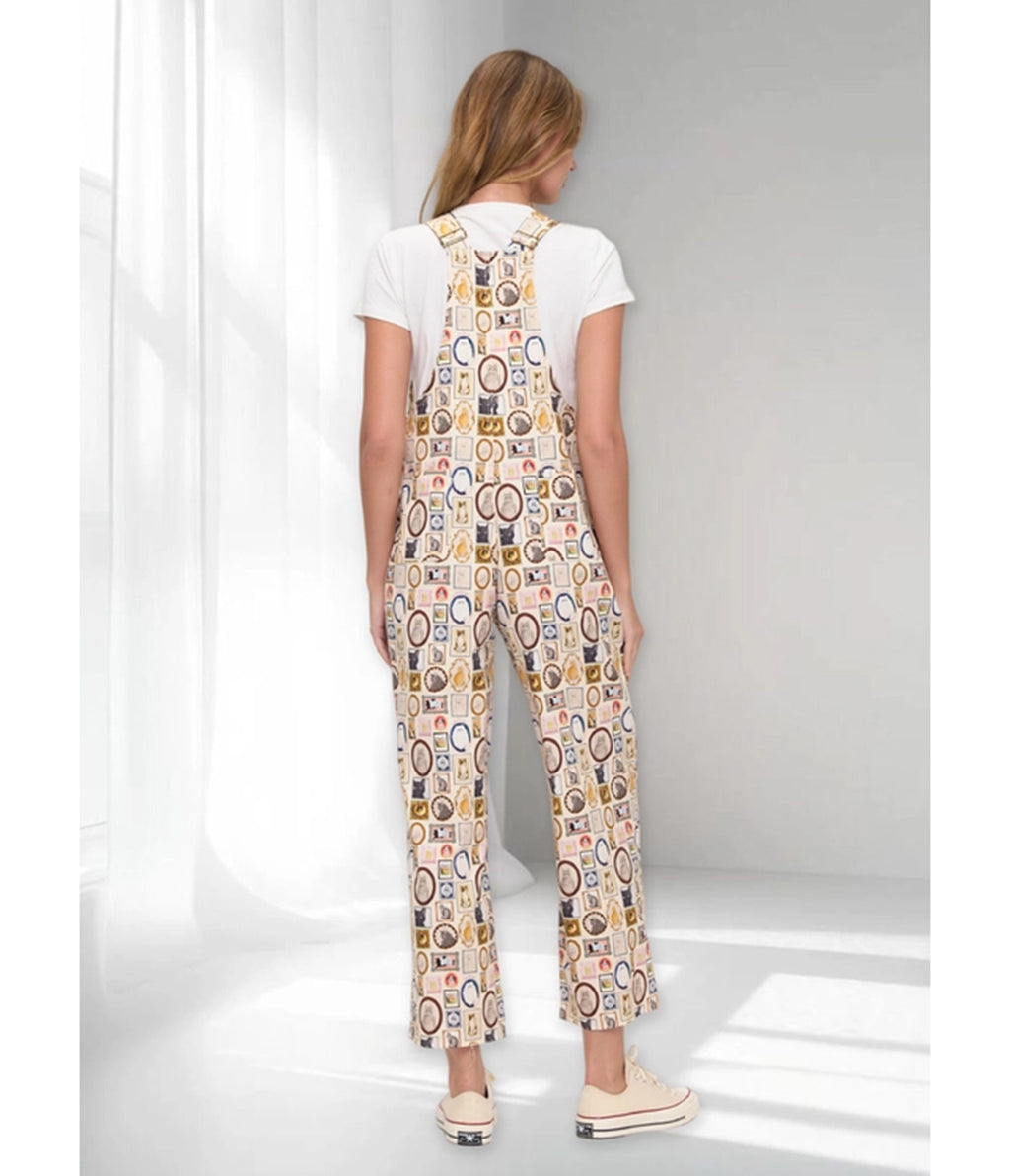 Cream Vintage Postcard Cats Print Wide Leg Overalls