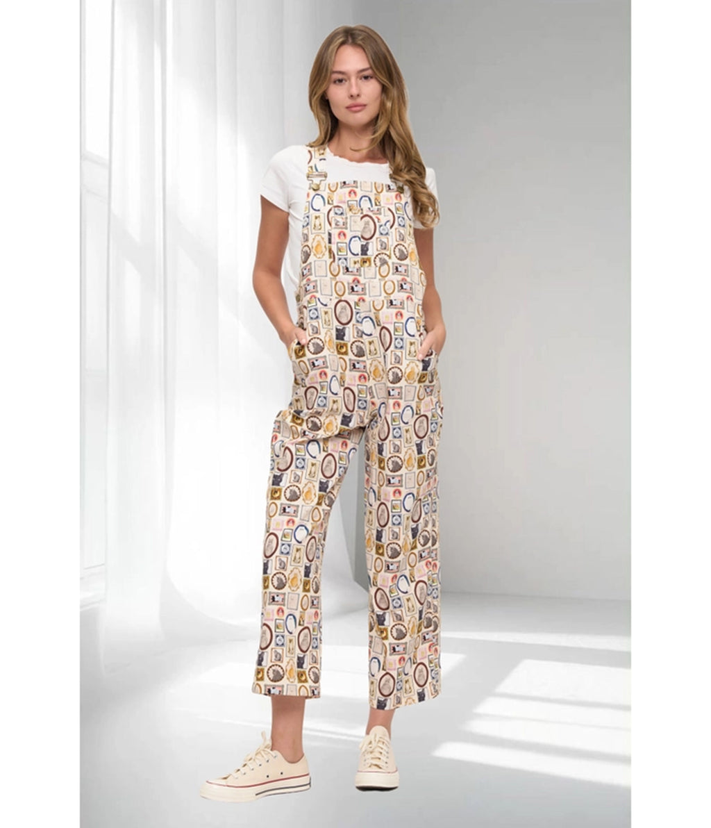 Cream Vintage Postcard Cats Print Wide Leg Overalls
