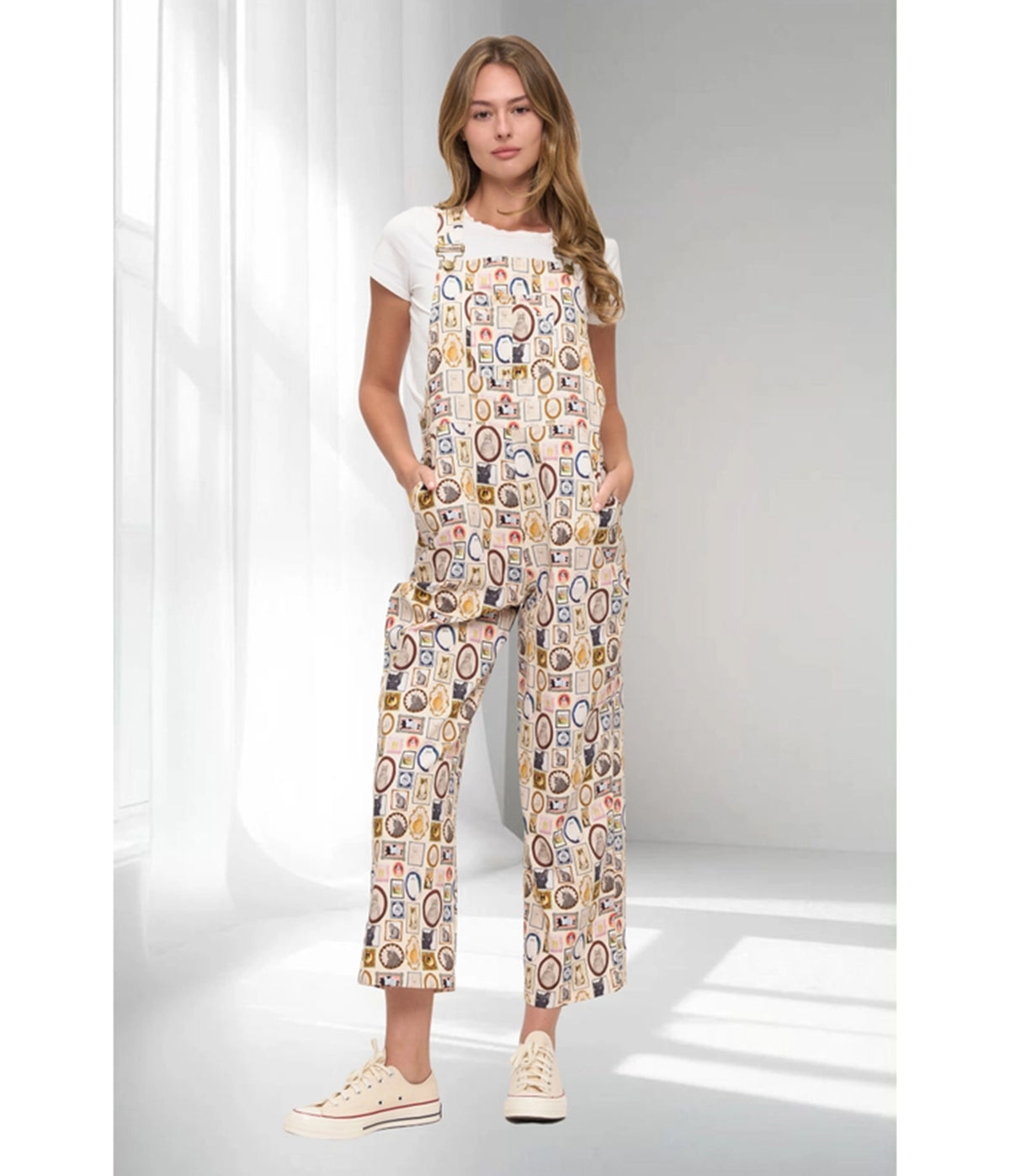 Cream Vintage Postcard Cats Print Wide Leg Overalls