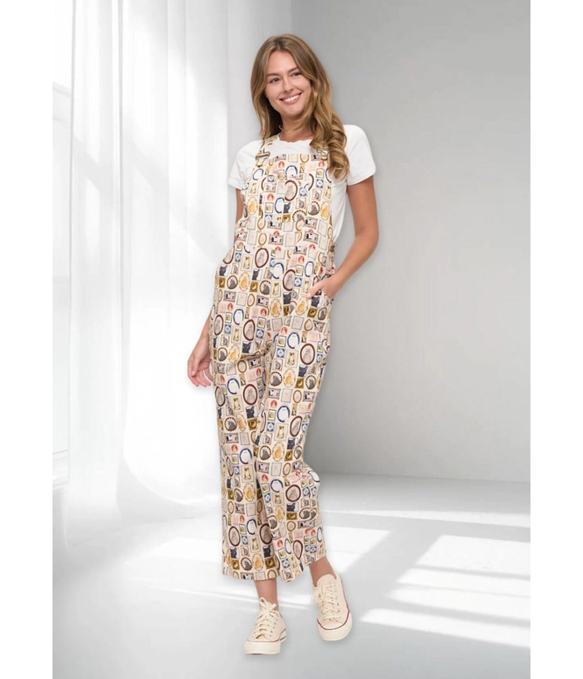 Cream Vintage Postcard Cats Print Wide Leg Overalls