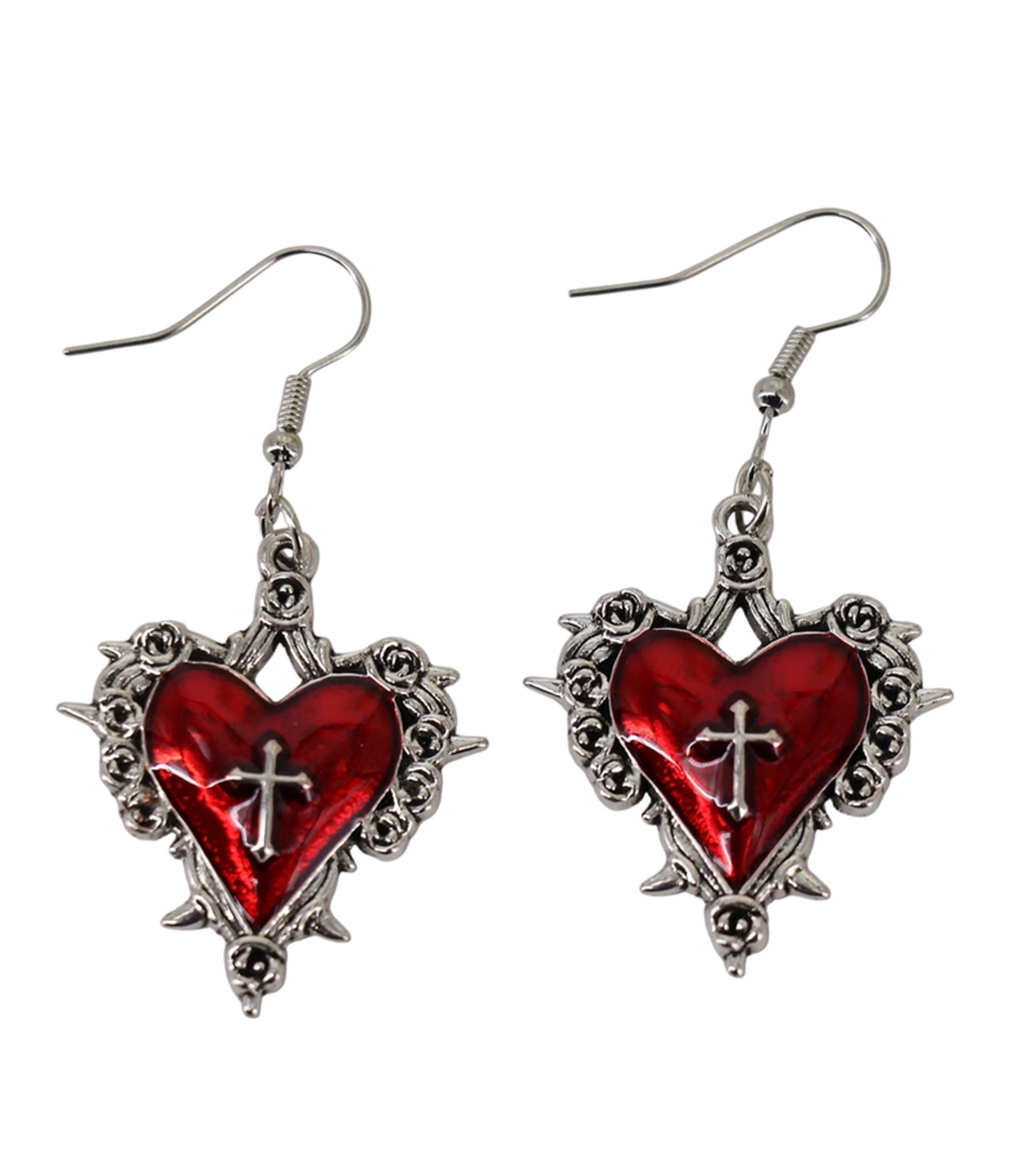 Red Heart & Silver Cross Drop Earrings