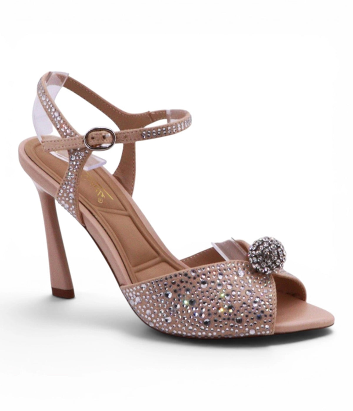 Nude Rhinestone Peep Toe Ankle Strap High Heel Sandals