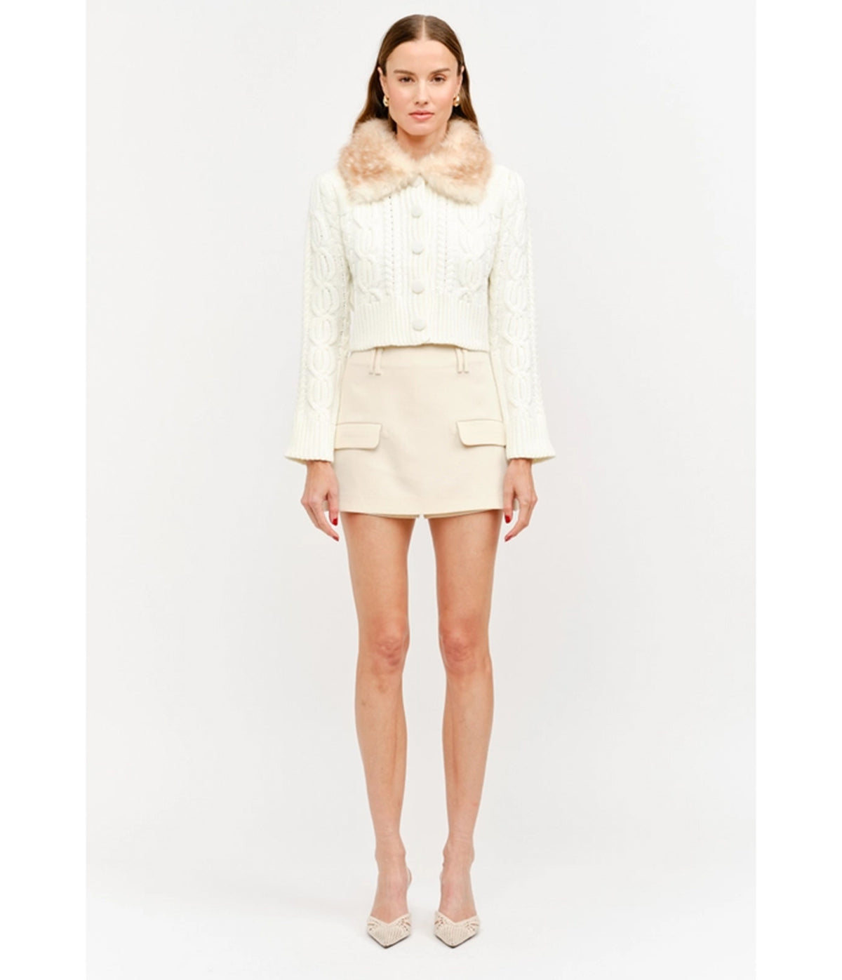 Ivory Cable Knit Faux Fur Collar Angie Cardigan