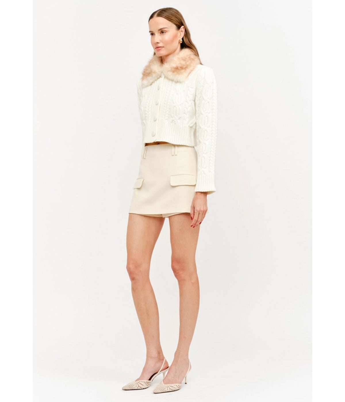 Ivory Cable Knit Faux Fur Collar Angie Cardigan
