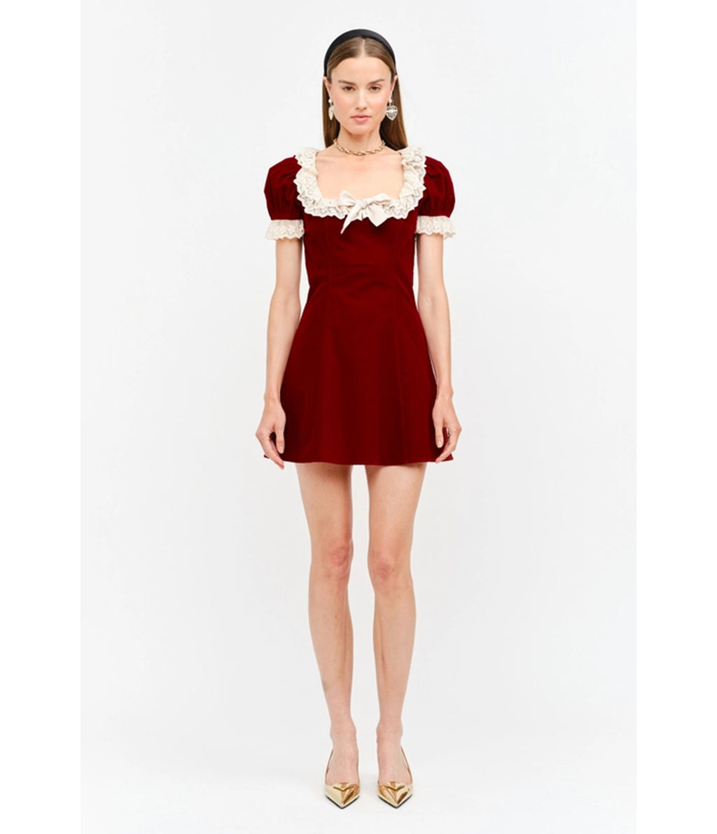 Burgundy & Ivory Lace Gabriela Mini Dress