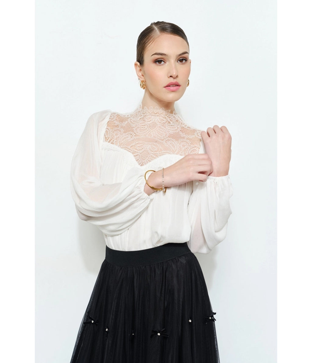 Ivory Lace Mock Neck Blouse