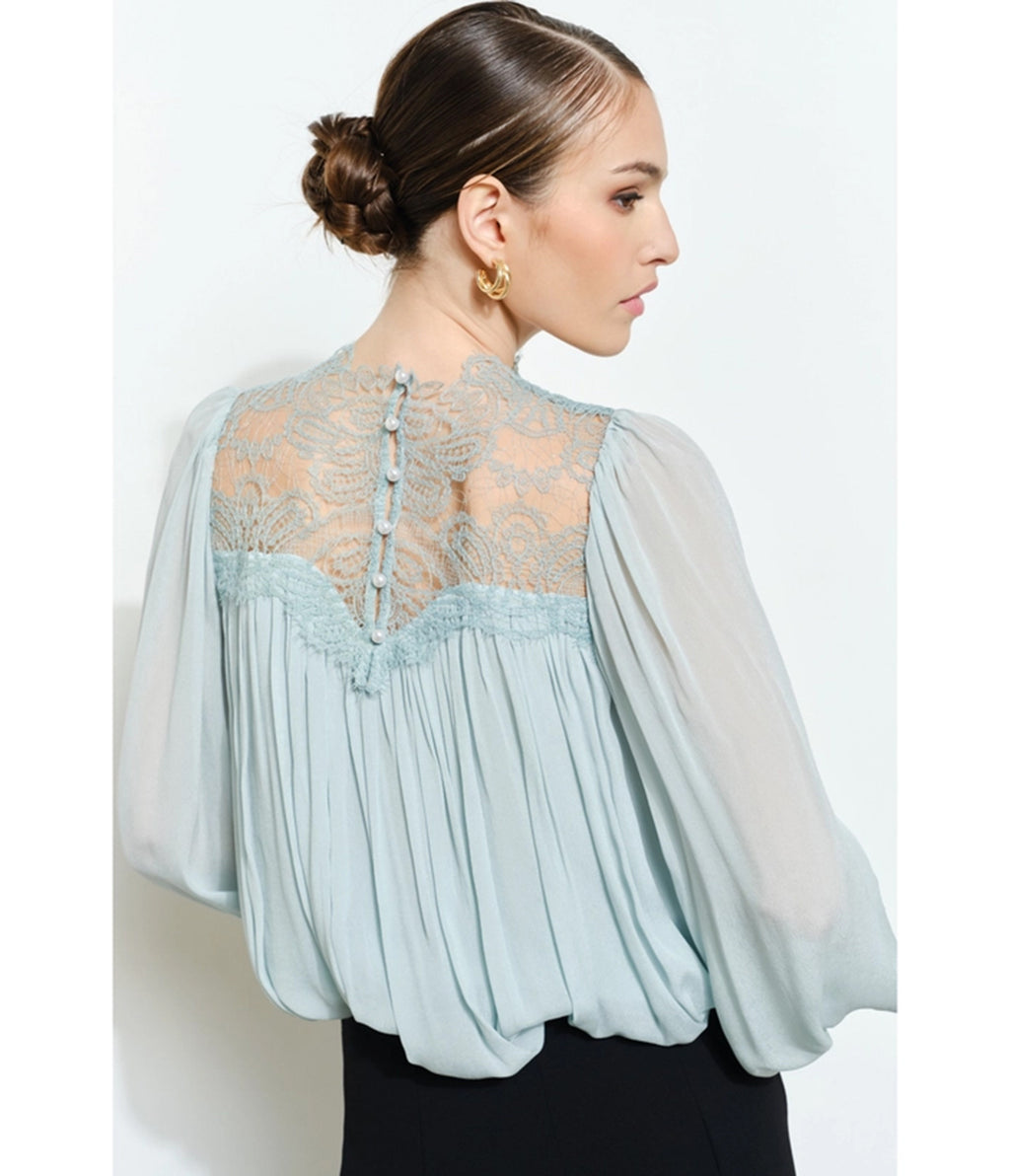 Light Blue Lace Mock Neck Blouse