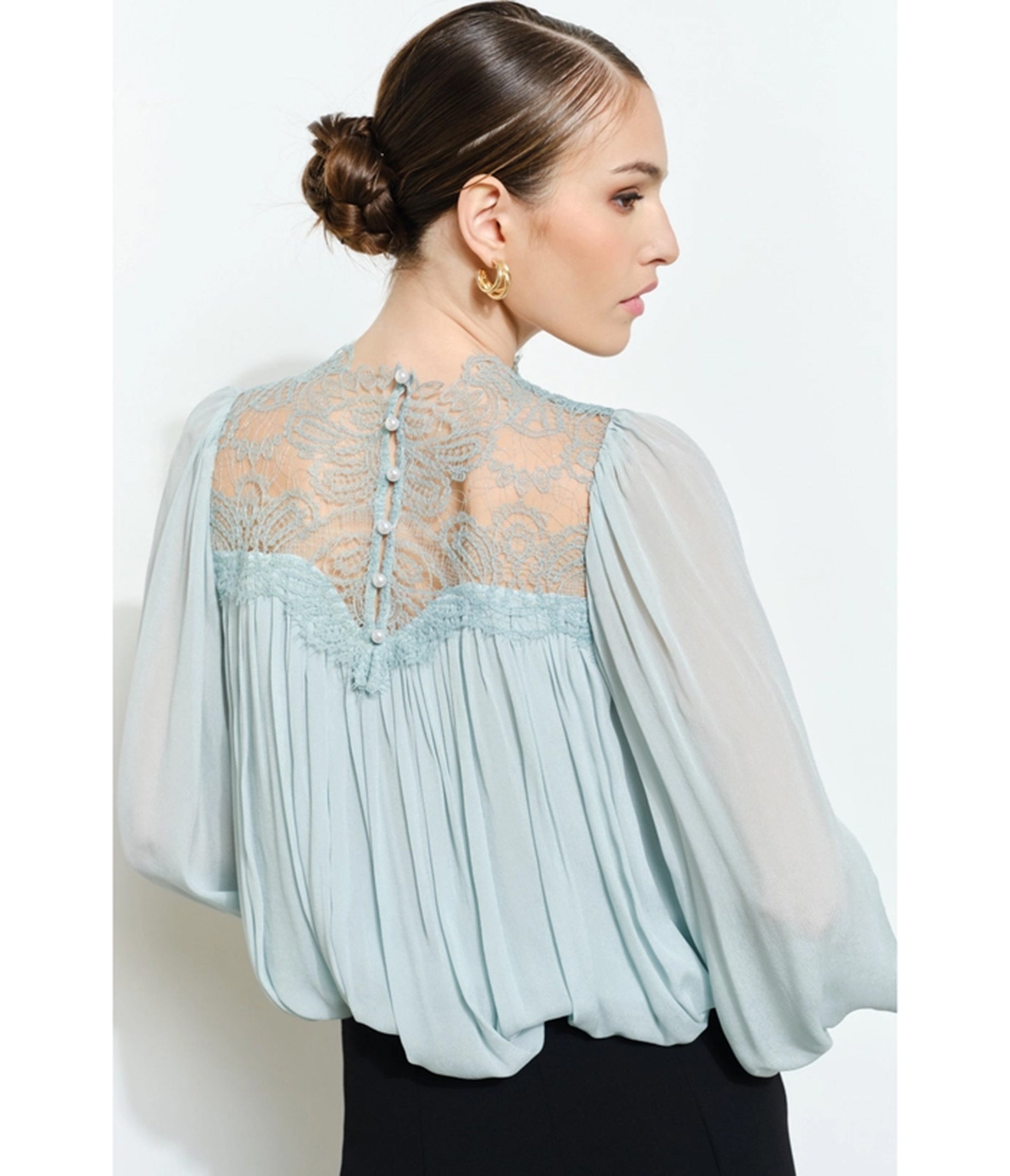 Light Blue Lace Mock Neck Blouse