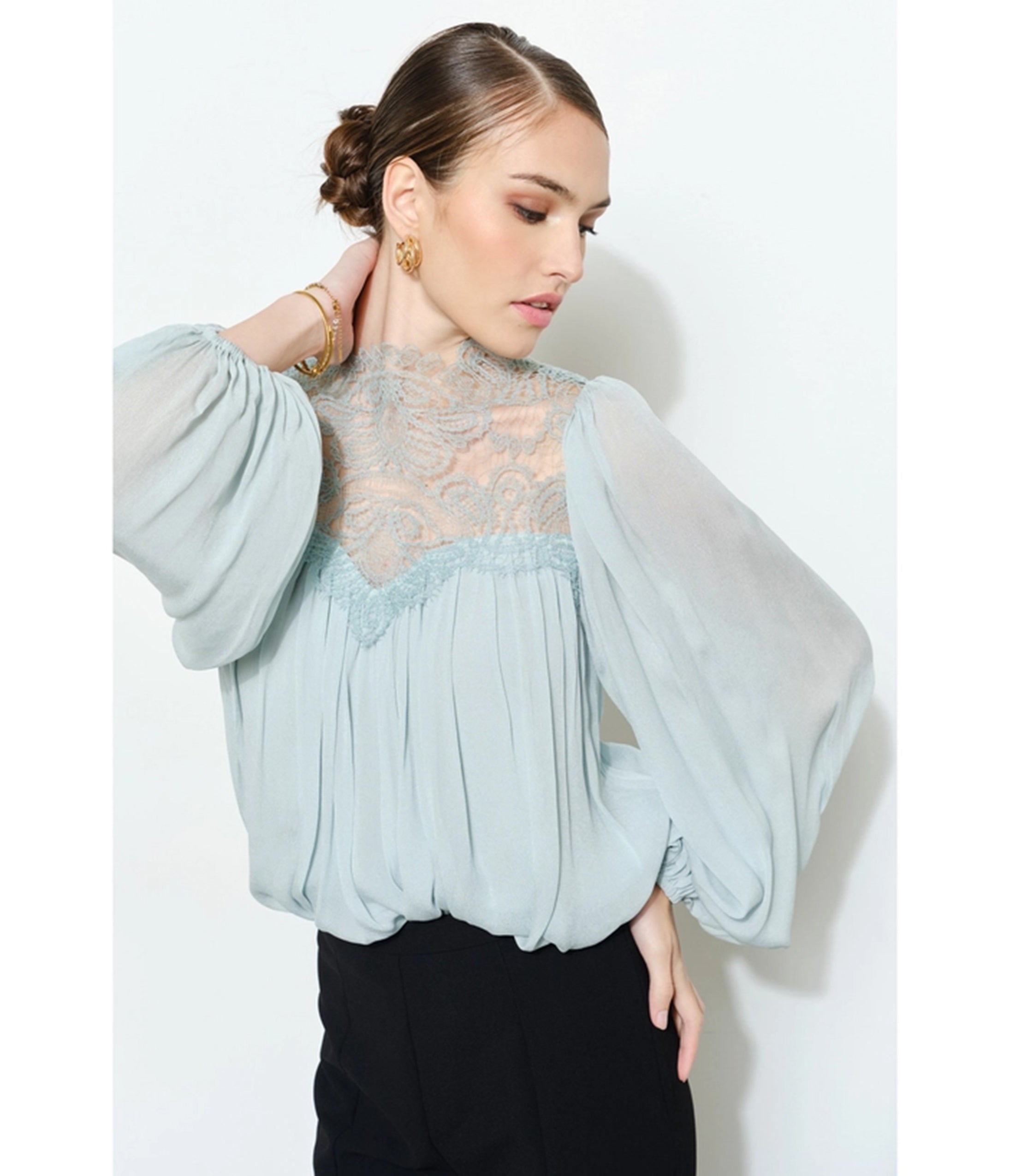 Light Blue Lace Mock Neck Blouse