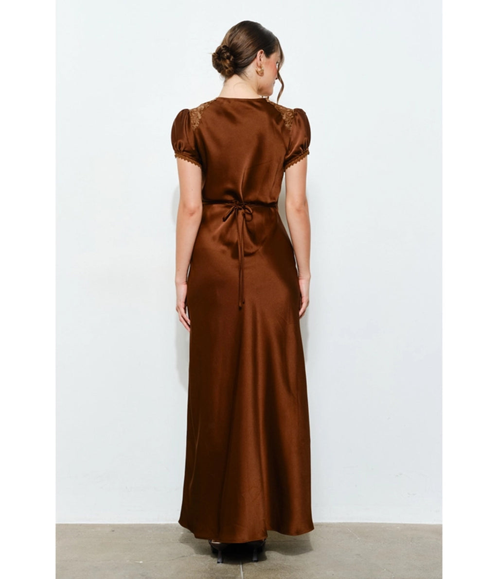 Brown Satin & Lace Maxi Dress