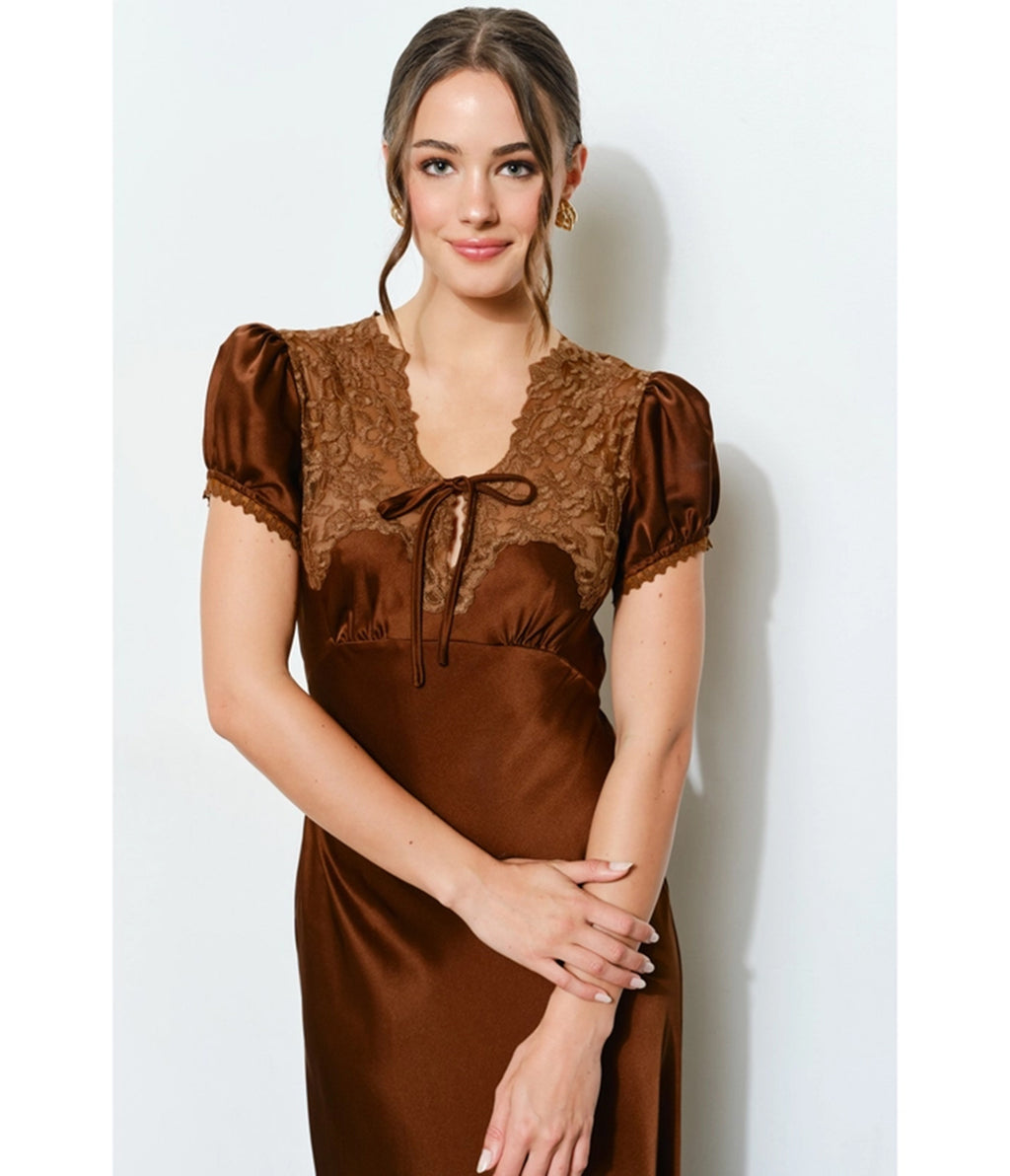 Brown Satin & Lace Maxi Dress