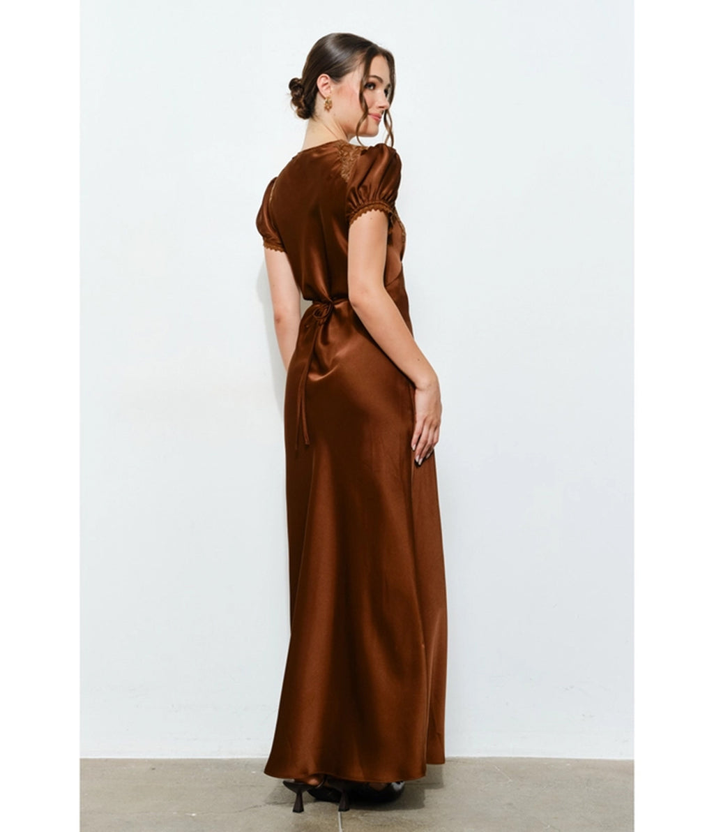 Brown Satin & Lace Maxi Dress