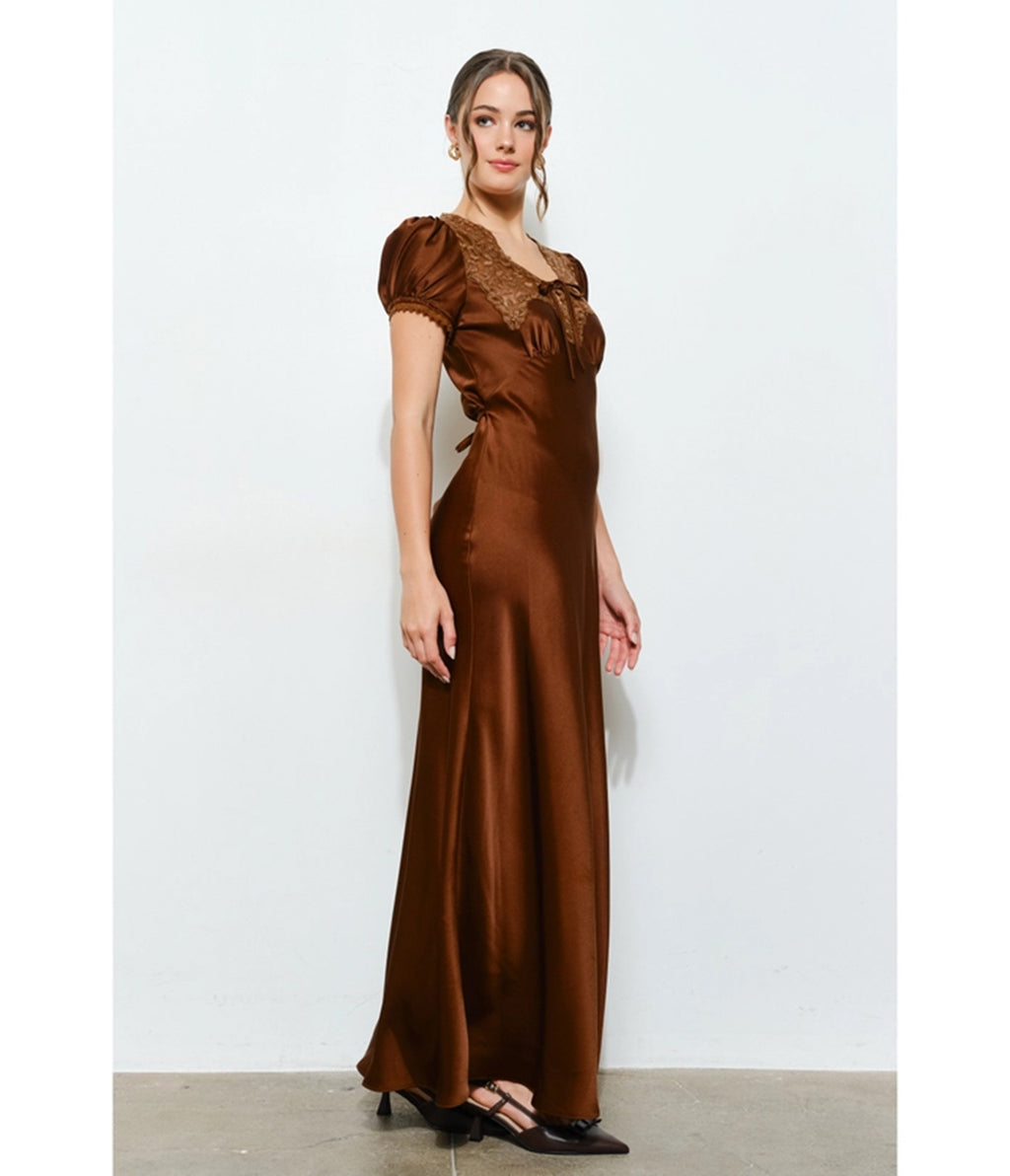Brown Satin & Lace Maxi Dress