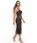 Black Velvet Flocked Bodycon Midi Dress