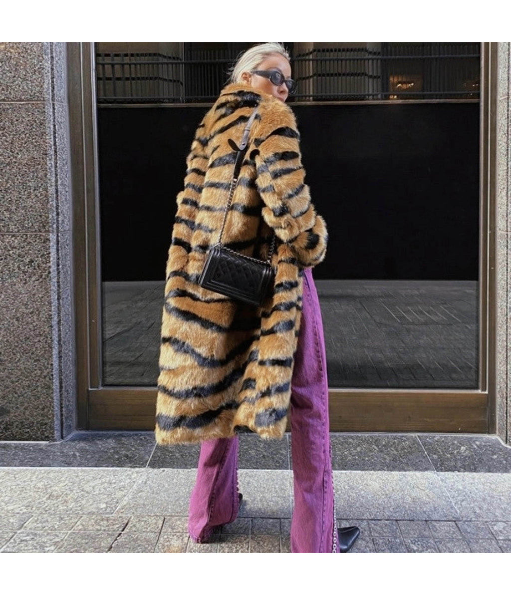 Tiger Print Faux Fur Long Coat