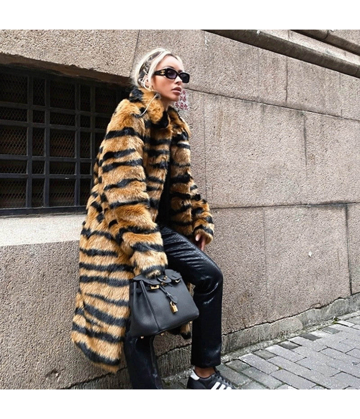 Tiger Print Faux Fur Long Coat