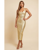 Gold Metallic Tone Bandage Midi Dress