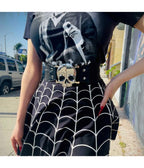 Black Elastic Silver Tone Skull Cinch Belt