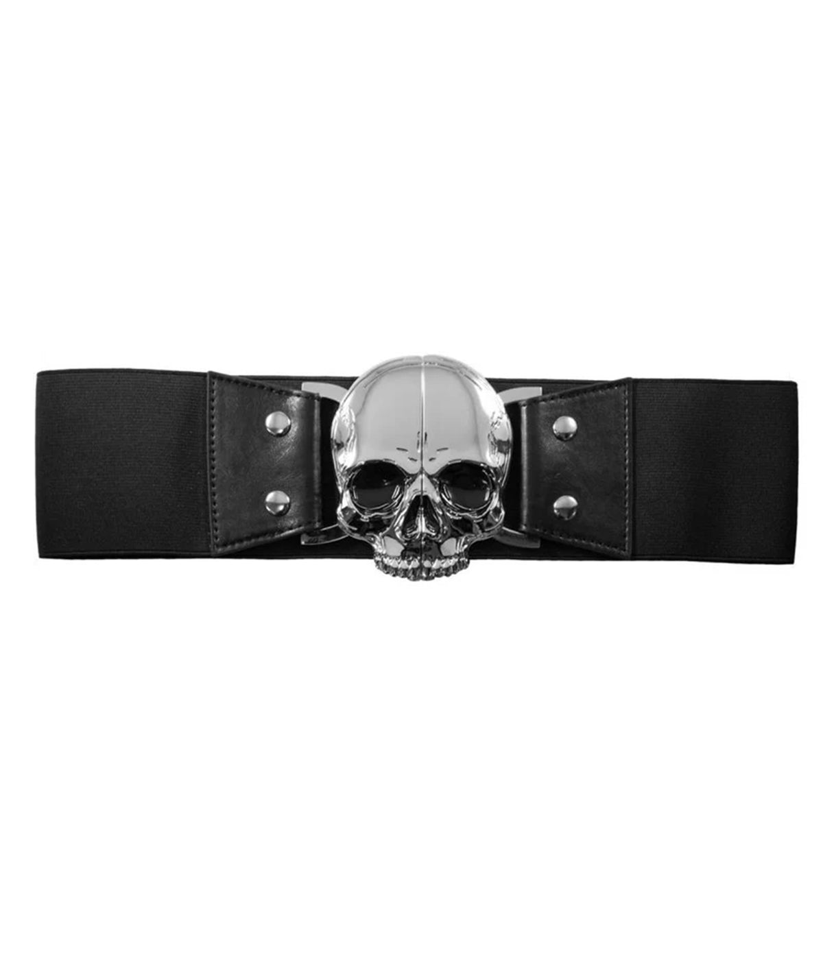 Black Elastic Silver Tone Skull Cinch Belt