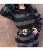 Black Elastic Silver Tone Skull Cinch Belt
