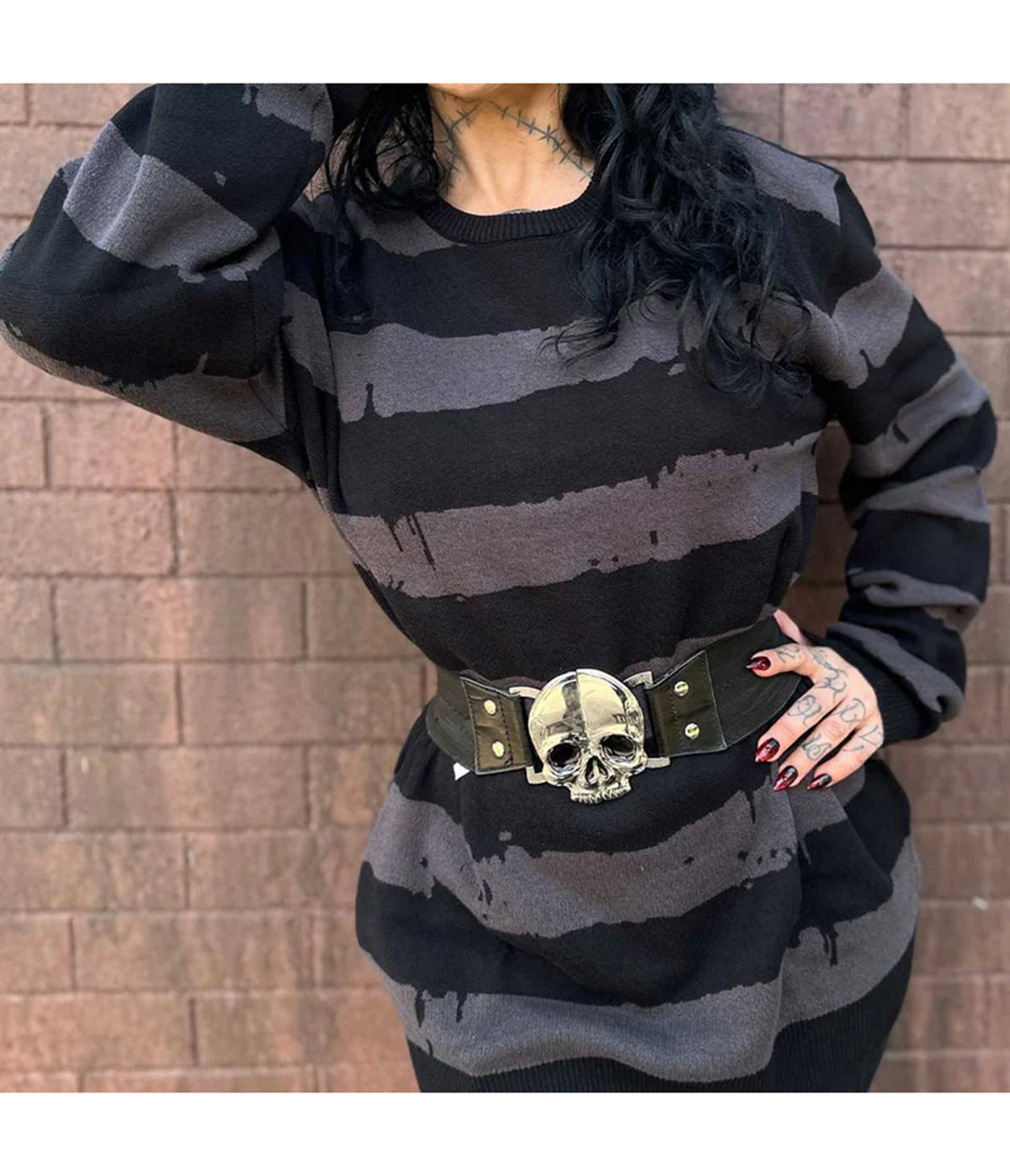 Black Elastic Silver Tone Skull Cinch Belt