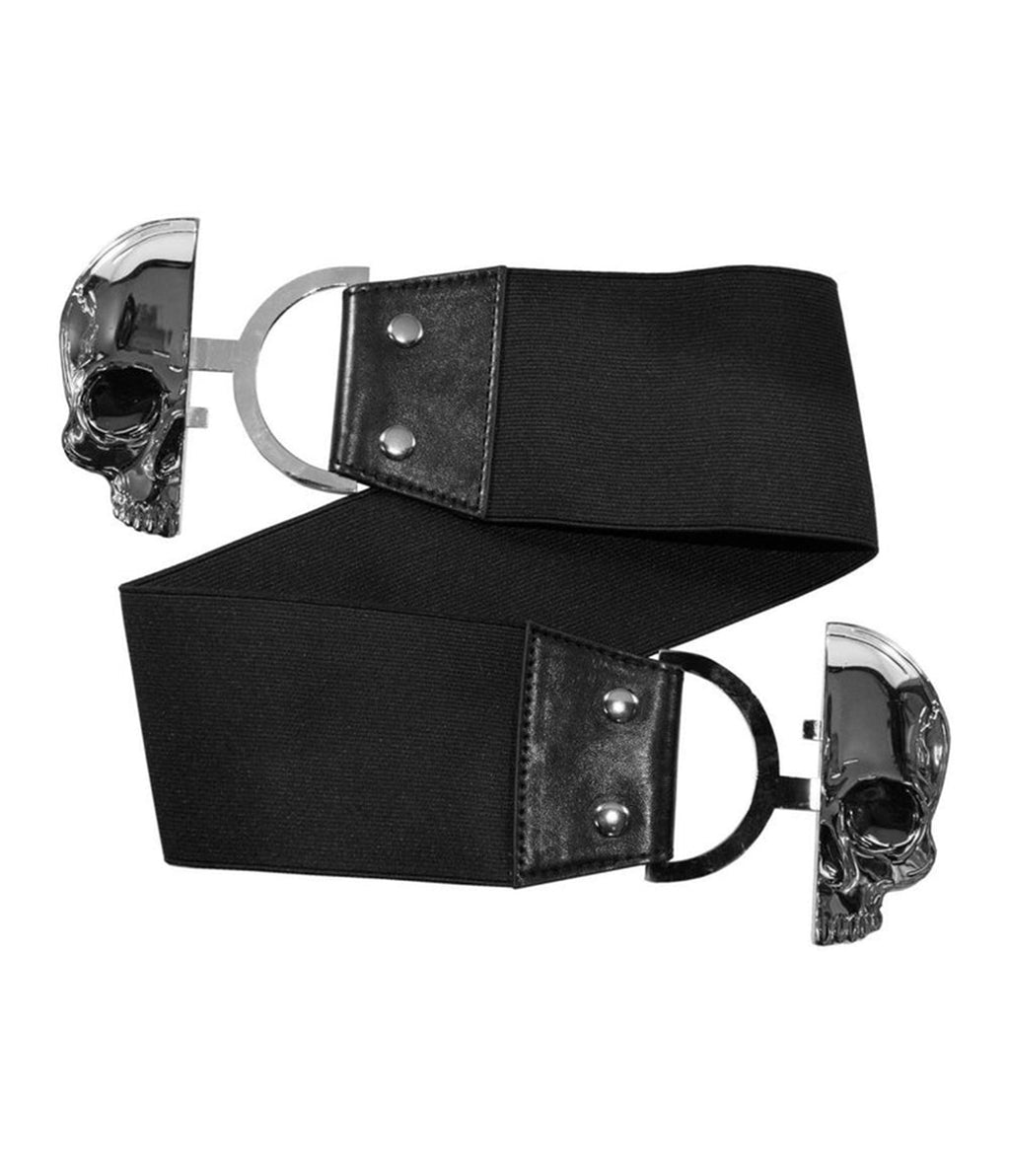 Black Elastic Silver Tone Skull Cinch Belt