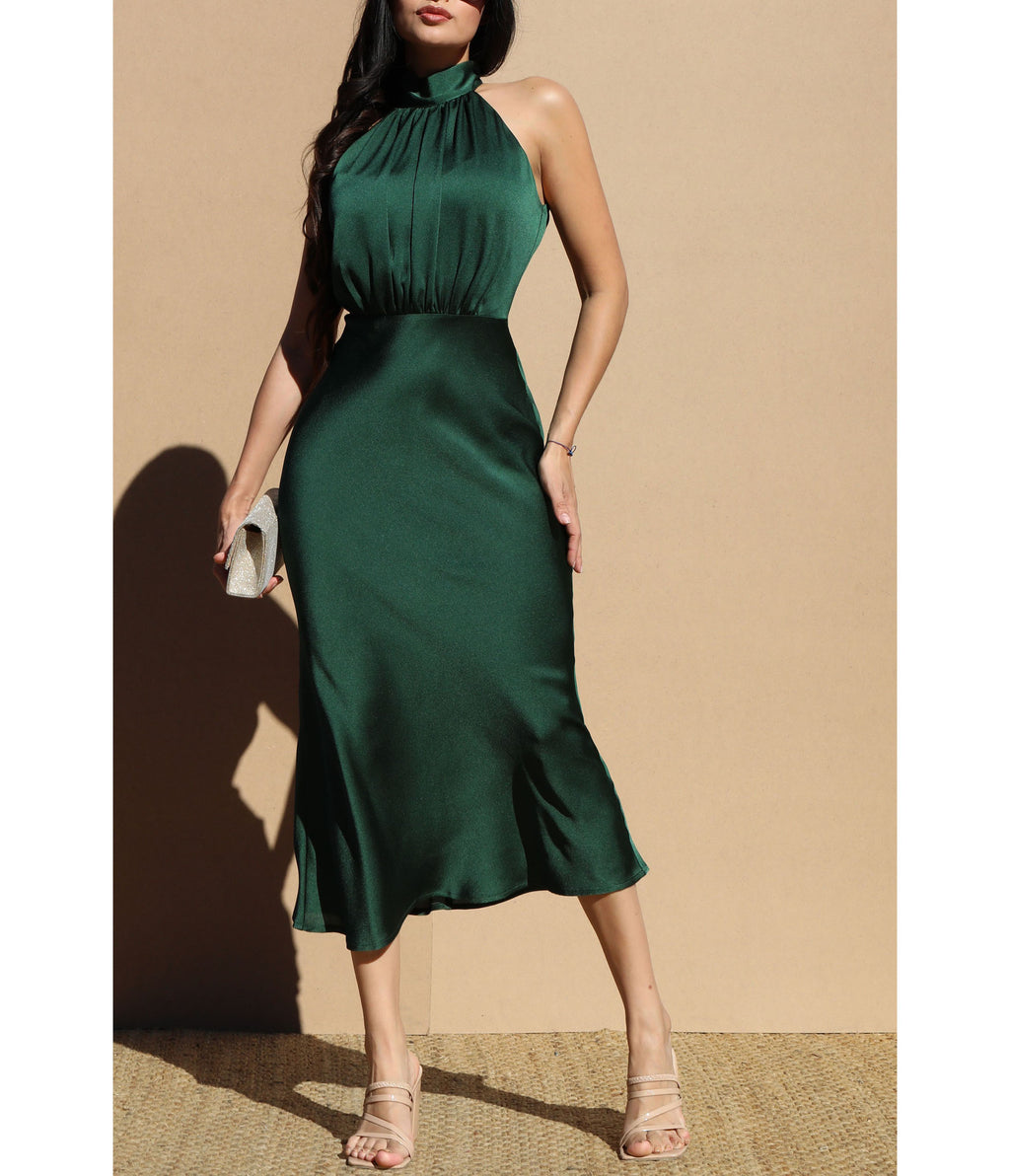 Emerald Satin Halter Midi Dress
