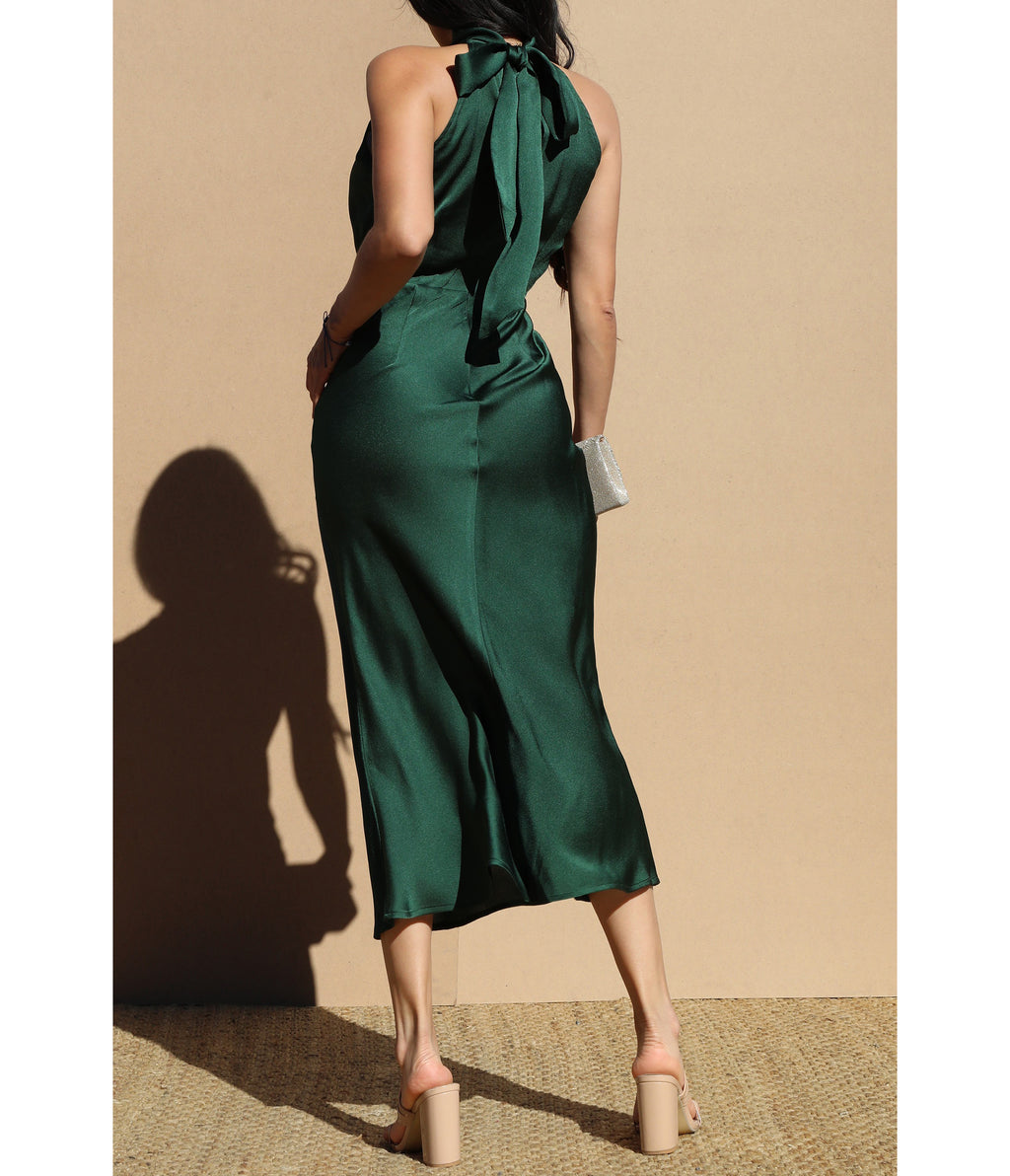 Emerald Satin Halter Midi Dress