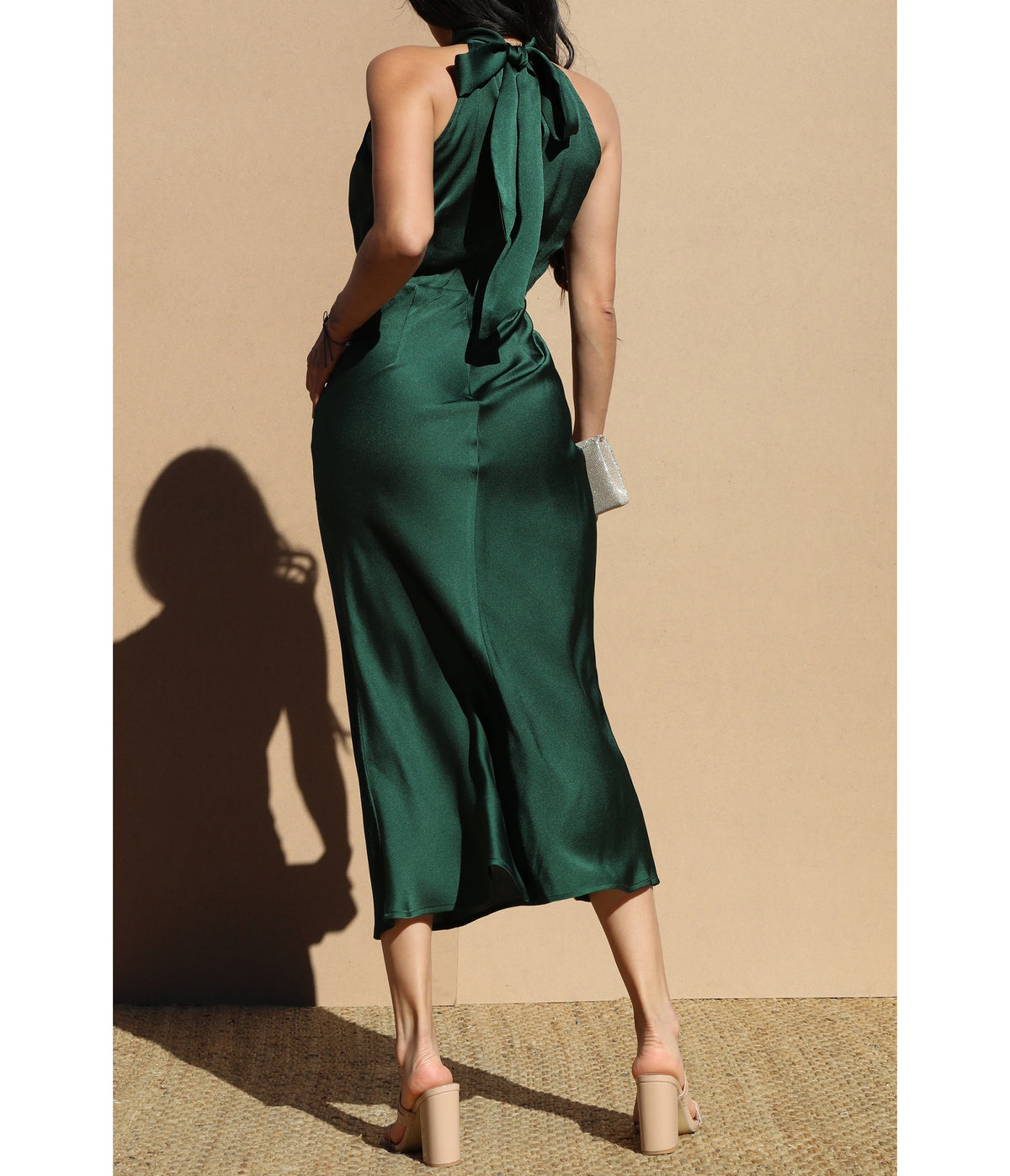 Emerald Satin Halter Midi Dress