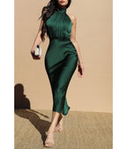 Emerald Satin Halter Midi Dress