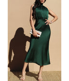 Emerald Satin Halter Midi Dress