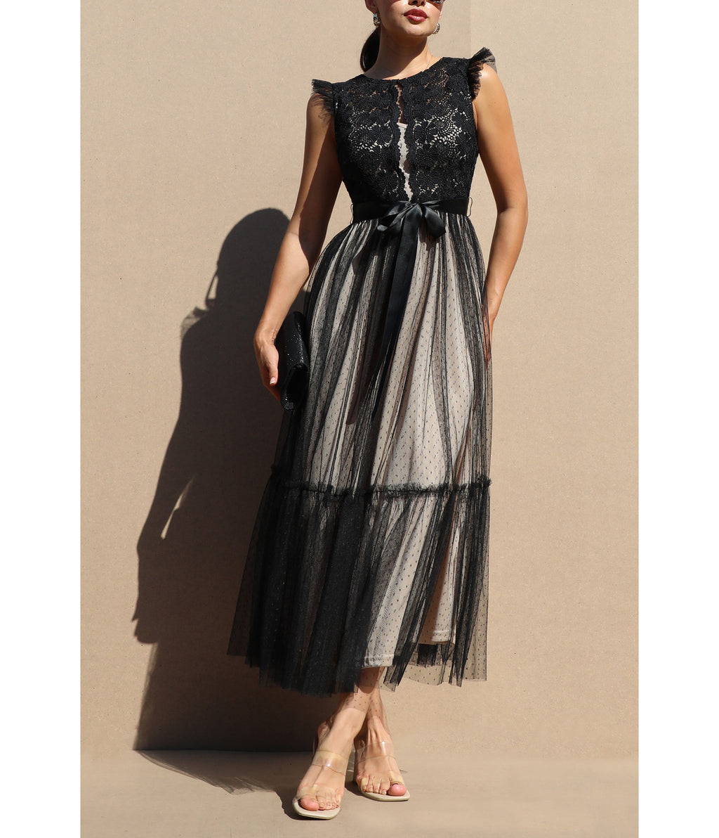 Black Lace Mesh Ruffled Midi Dress