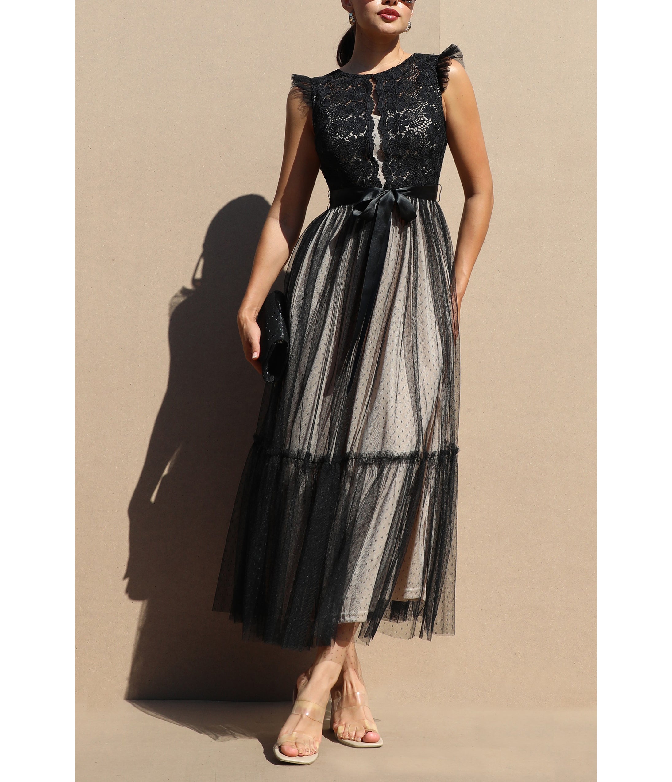 Black Lace Mesh Ruffled Midi Dress