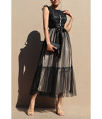 Black Lace Mesh Ruffled Midi Dress