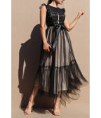 Black Lace Mesh Ruffled Midi Dress