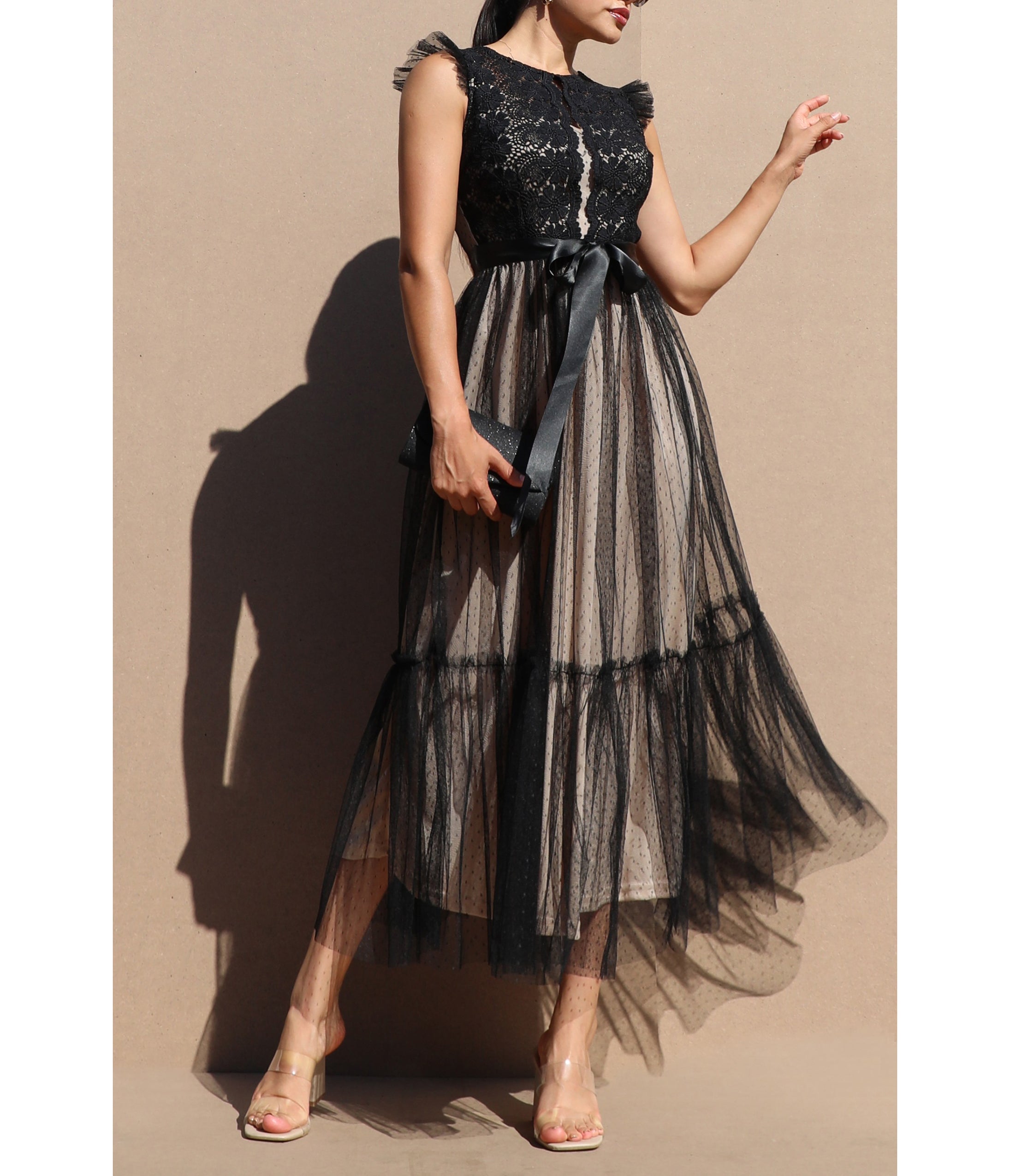 Black Lace Mesh Ruffled Midi Dress