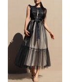 Black Lace Mesh Ruffled Midi Dress