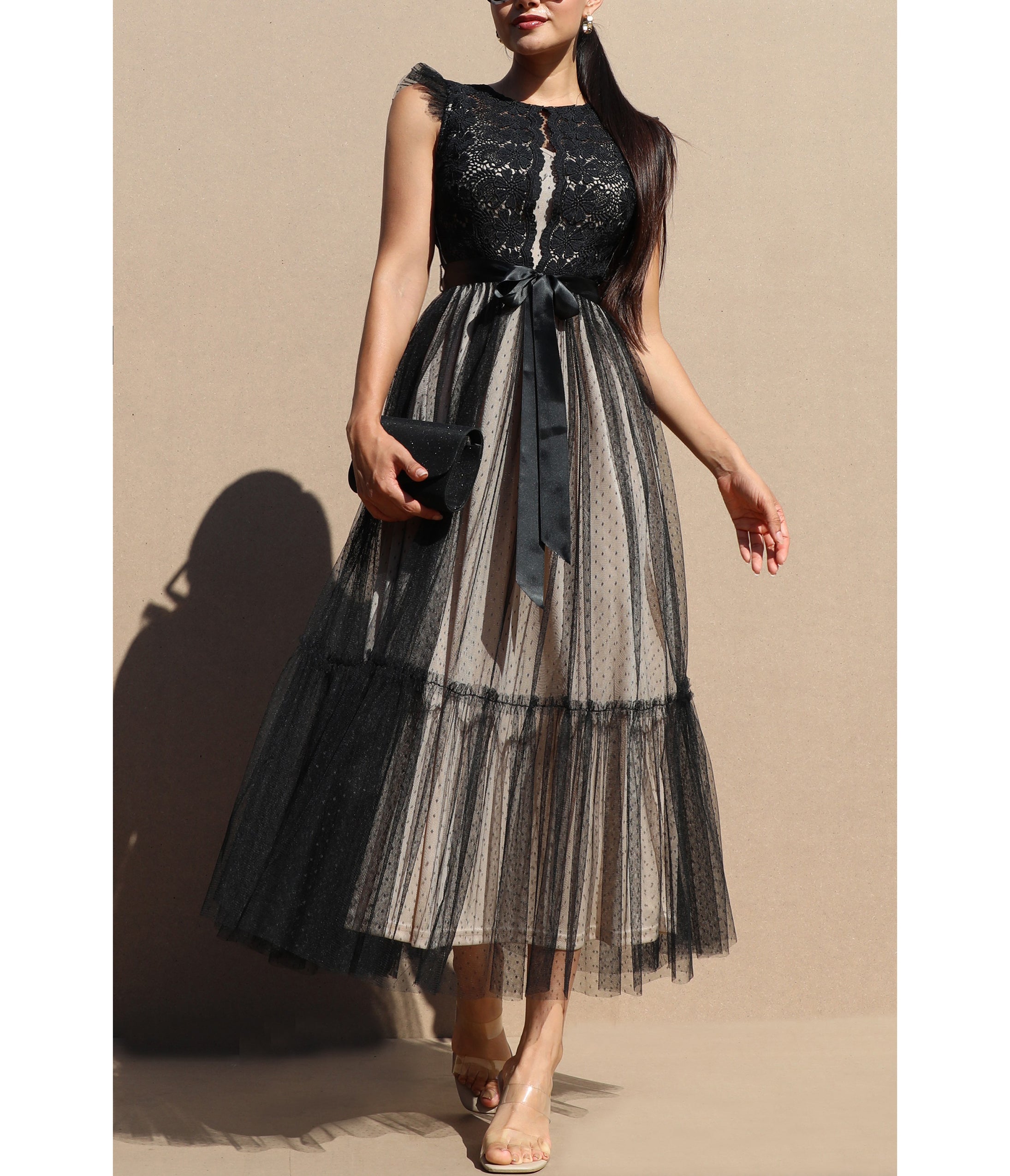 Black Lace Mesh Ruffled Midi Dress