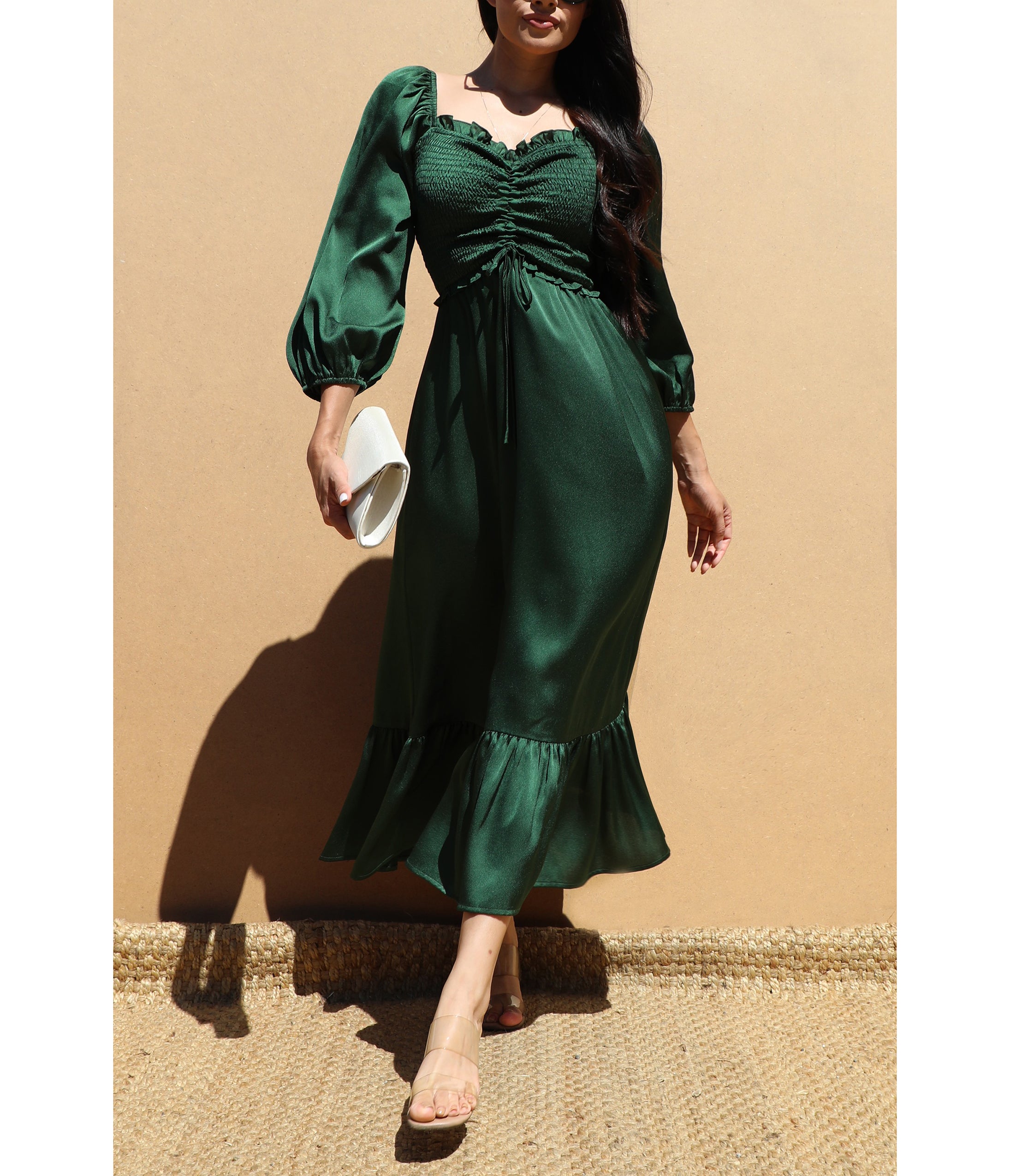 Emerald Green Satin Smocked Midi Dress