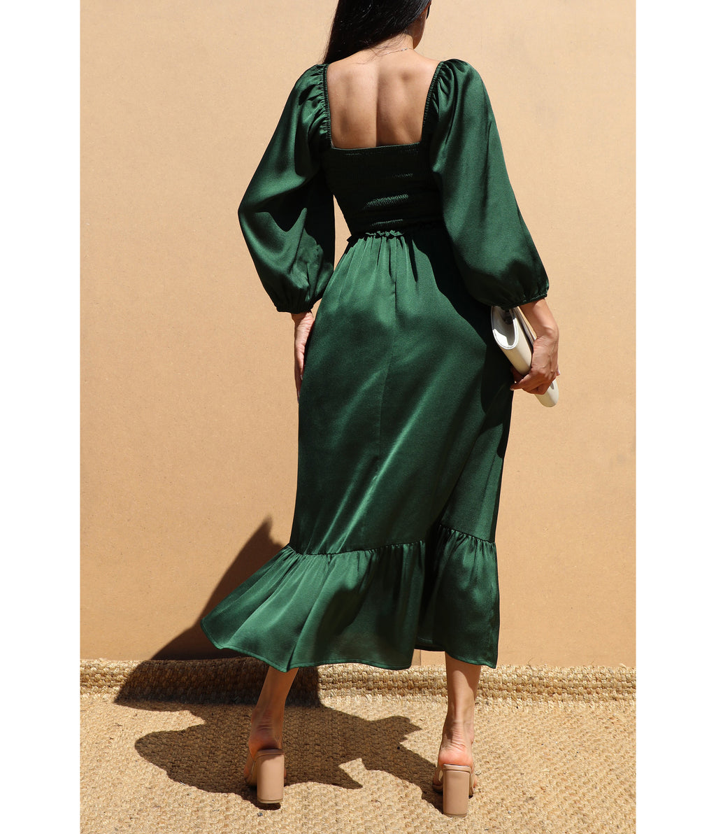 Emerald Green Satin Smocked Midi Dress