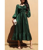 Emerald Green Satin Smocked Midi Dress