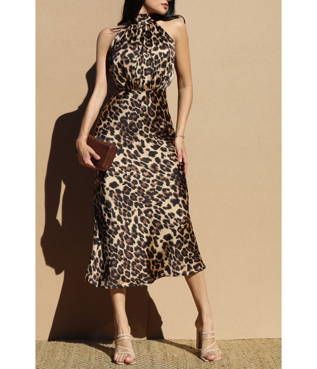 Leopard Print Satin Midi Dress