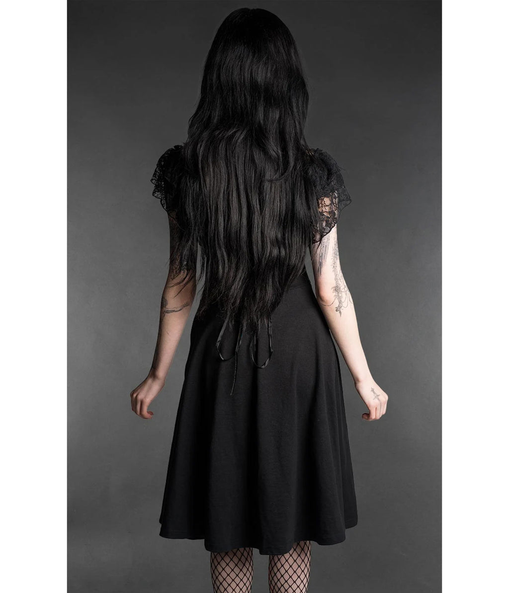 Black Ankh Lace Ruffle Swing Dress
