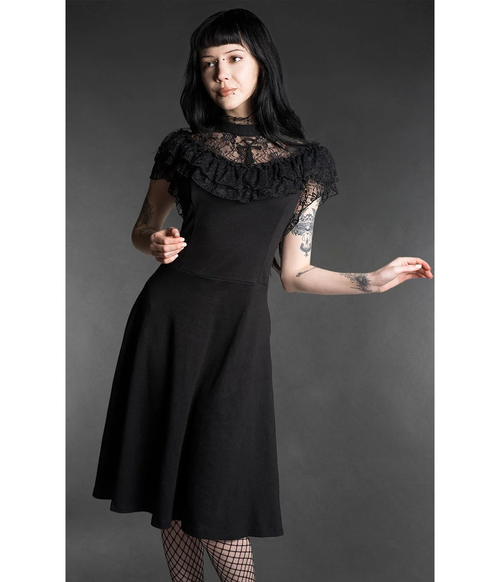 Black Ankh Lace Ruffle Swing Dress