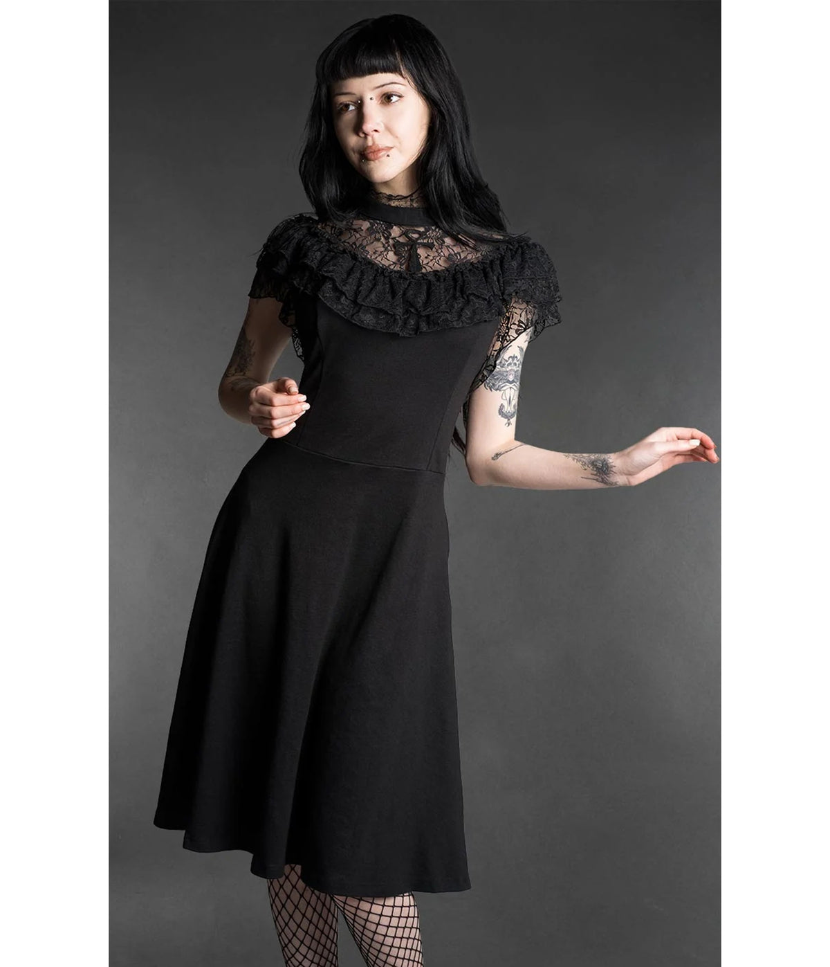 Black Ankh Lace Ruffle Swing Dress