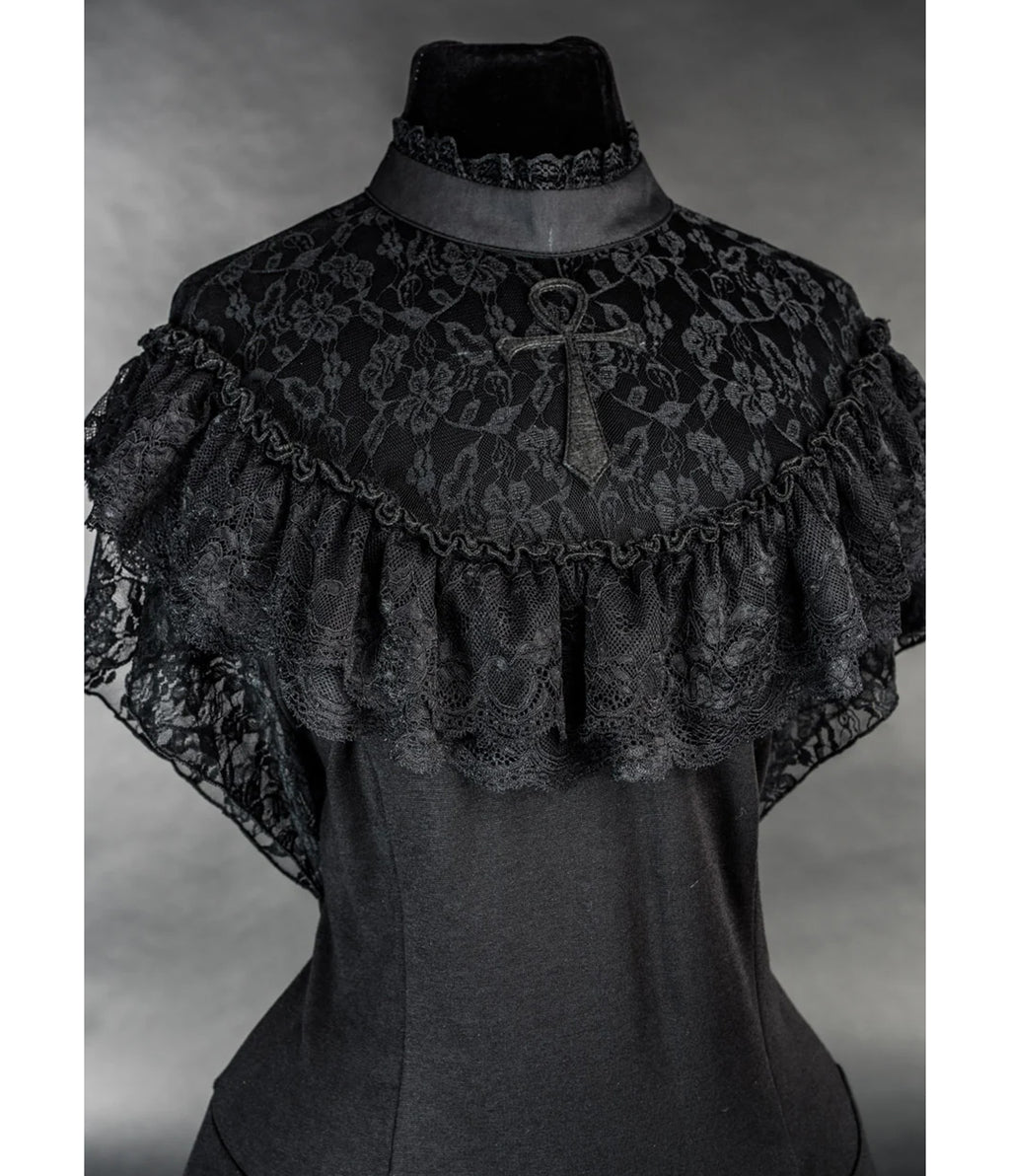 Black Ankh Lace Ruffle Swing Dress